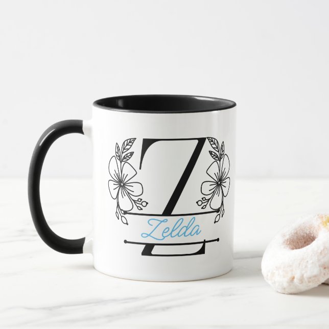 Personalised Floral Monogram Letter Z Mug - Custom (With Donut)