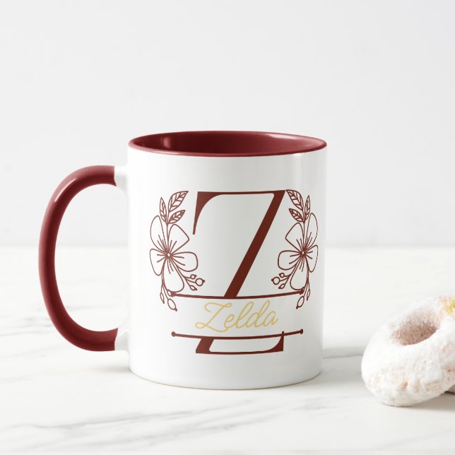 Personalised Floral Monogram Letter Z Mug - Custom (With Donut)