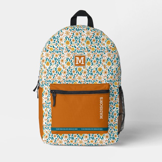 Personalised Floral Monogram & Name  Printed Backpack (Front)