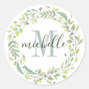 Personalised Floral Monogram Soft Summer Foliage Classic Round Sticker