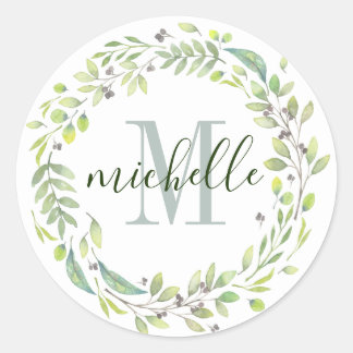 Personalised Floral Monogram Soft Summer Foliage Classic Round Sticker