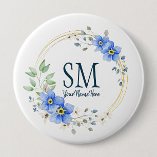 Personalised Floral Monogram Wild Blue Flowers 10 Cm Round Badge