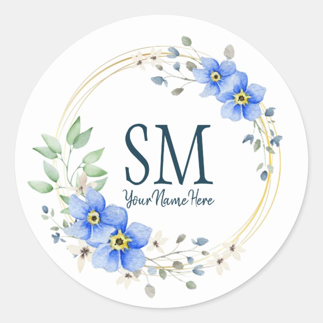 Personalised Floral Monogram Wild Blue Flowers Classic Round Sticker (Front)