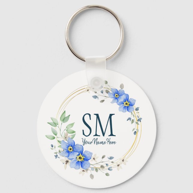 Personalised Floral Monogram Wild Blue Flowers Key Ring (Front)