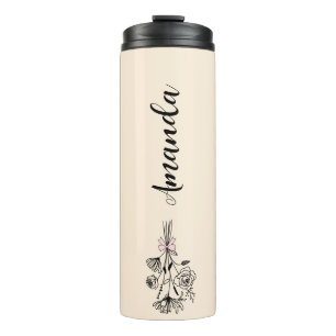 Personalised Floral Name Birth Month Flower Beige Thermal Tumbler