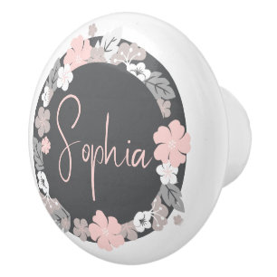 Personalised Floral Name Pink Ceramic Knob