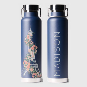 Personalised Floral Paris Eiffel Tower Navy Blue Water Bottle