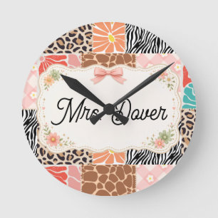 Personalised Floral Patchwork Teacher Round Clock