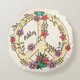 Personalised Floral Peace Sign  Round Cushion