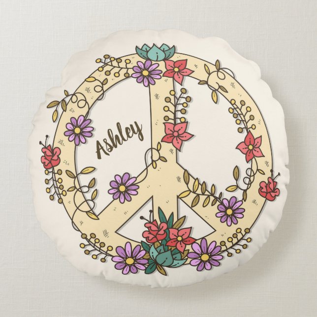 Personalised Floral Peace Sign  Round Cushion (Front)