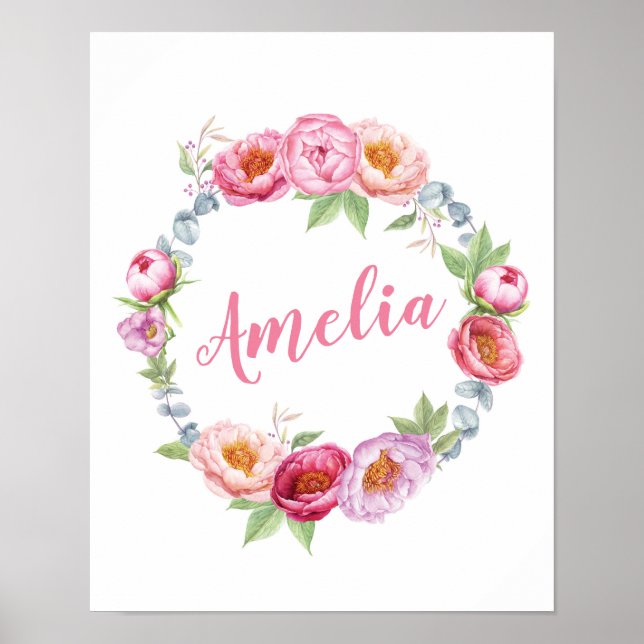 Personalised Floral peonies name poster print (Front)