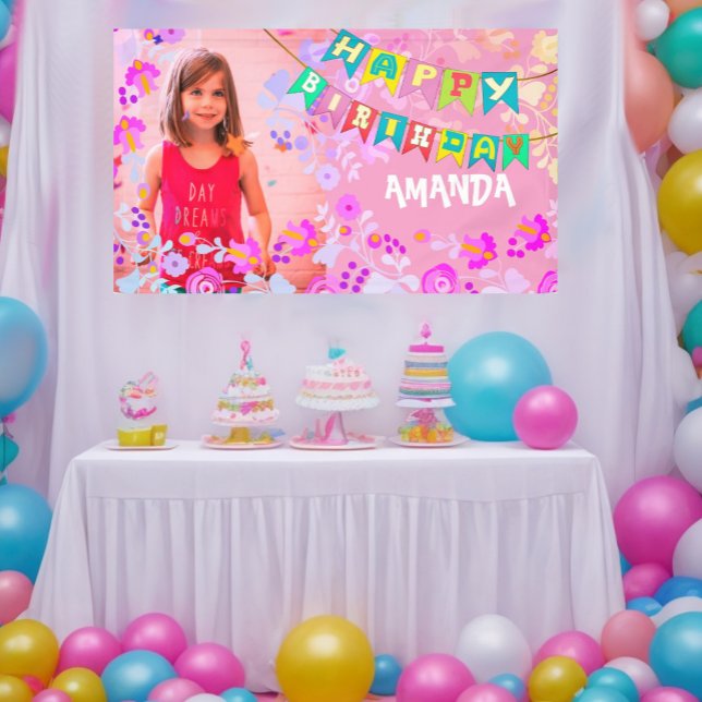Personalised floral picture happy birthday  banner (A very special way to celebrate your little girl's birthday party.)
