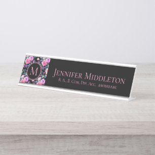 Personalised Floral Pink Black Monogram Desk Name Plate