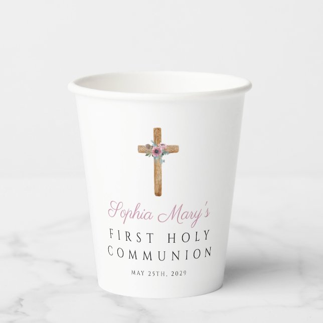 Personalised Floral Pink Cross First Communion  Paper Cups (Front)