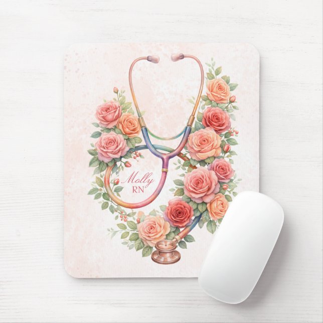 Personalised Floral Pink Rose Stethoscope  Mouse Pad (With Mouse)