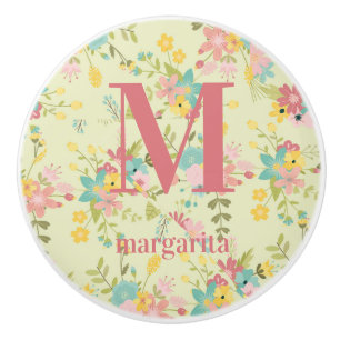 Personalised Floral Pink Yellow Green Ceramic Knob