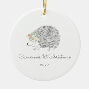 Personalised Floral Porcupine Cute 1st Christmas Ceramic Ornament