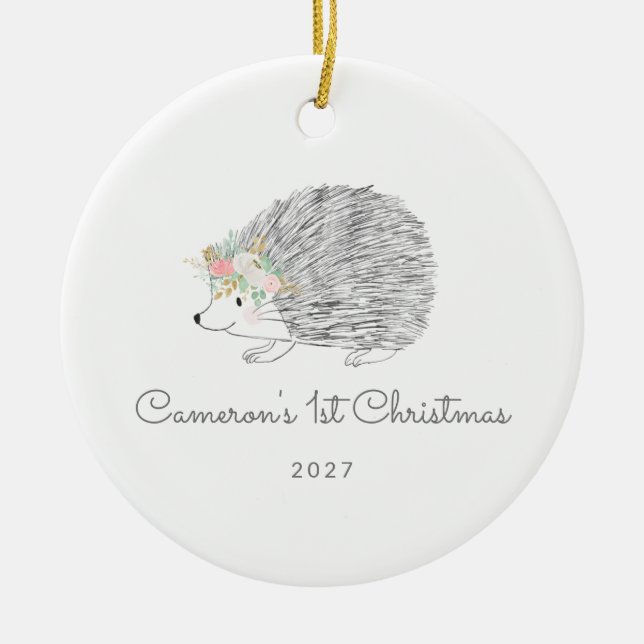 Personalised Floral Porcupine Cute 1st Christmas Ceramic Ornament (Front)