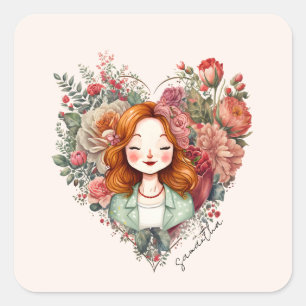 Personalised Floral Pretty Lady Square Sticker