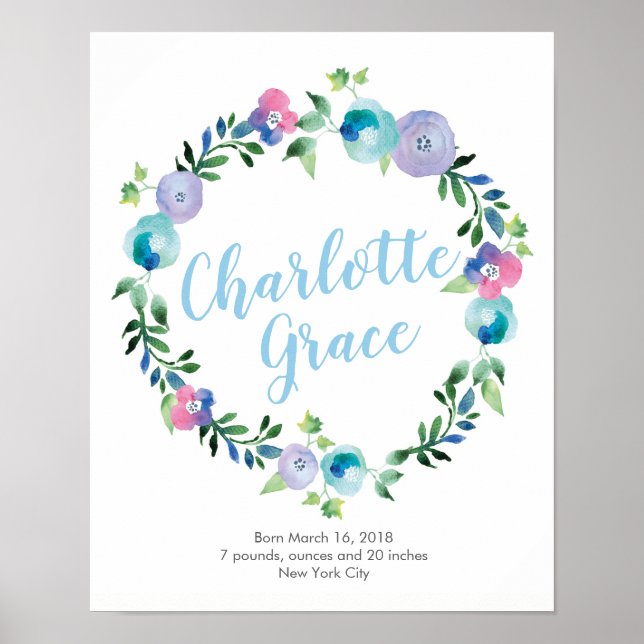 Personalised Floral purple blue birth poster print (Front)
