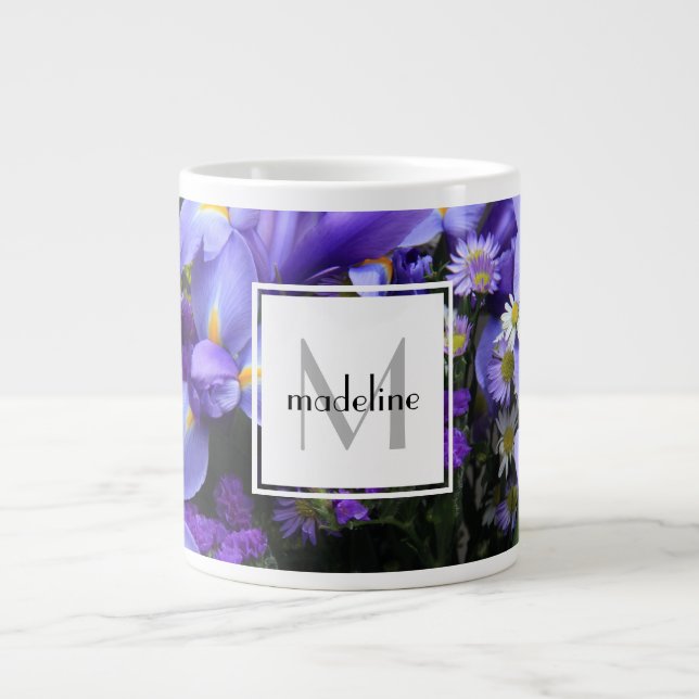 Personalised floral, purple iris, add name/initial large coffee mug (Front)