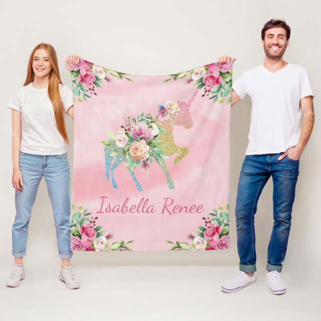 Personalised Floral Rainbow Glitter Unicorn Fleece Blanket (In Situ)