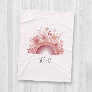 Personalised Floral Rainbow Kids Custom Name Fleece Blanket