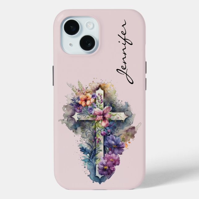 Personalised Floral Religious iPhone 15 Phone Case (Back)