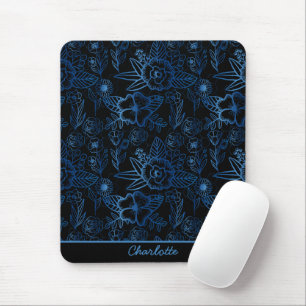 Personalised floral seamless pattern blue black mouse pad