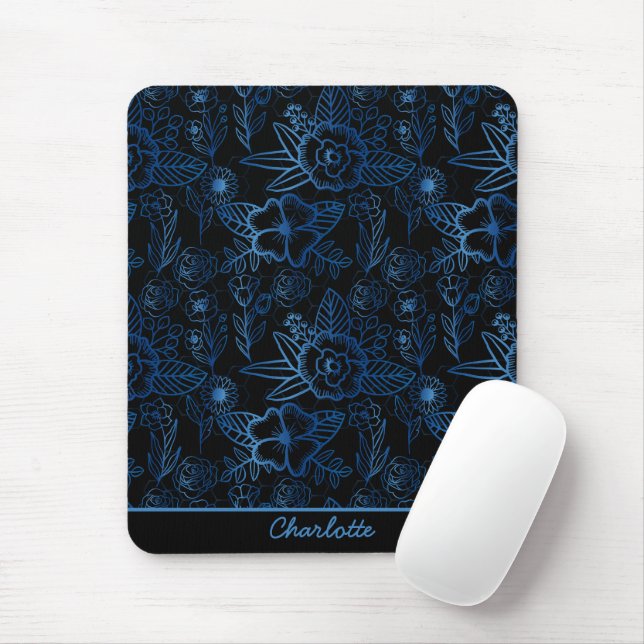 Personalised floral seamless pattern blue black   mouse pad (With Mouse)