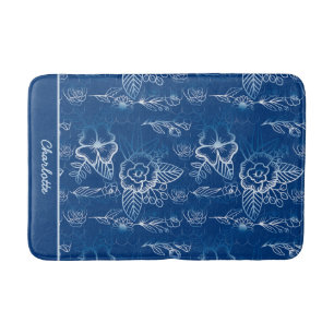 Personalised floral seamless pattern white - blue  bath mat