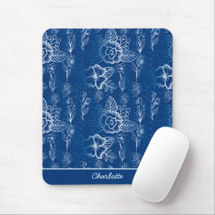 Personalised floral seamless pattern white - blue mouse pad