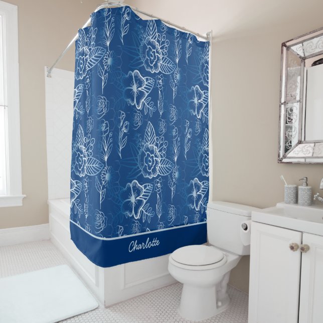 Personalised floral seamless pattern white - blue  shower curtain (In Situ)