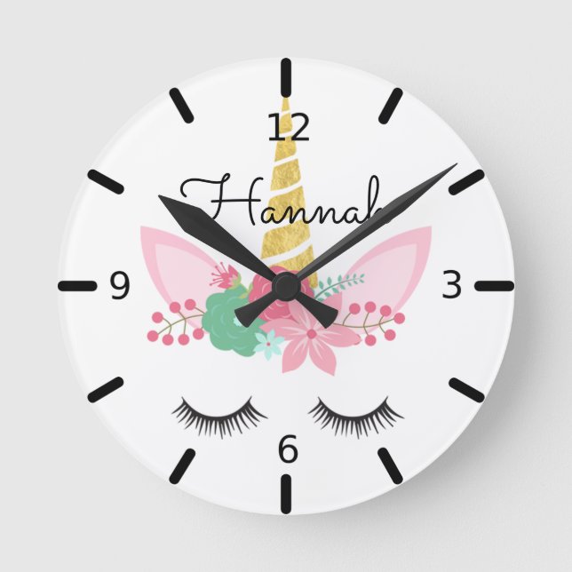 Personalised Floral Sleeping Unicorn Round Clock (Front)
