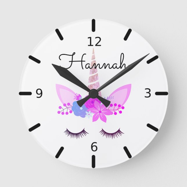 Personalised Floral Sleeping Unicorn Round Clock (Front)