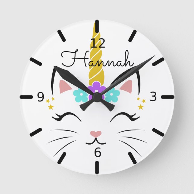Personalised Floral Smiling Caticorn Round Clock (Front)