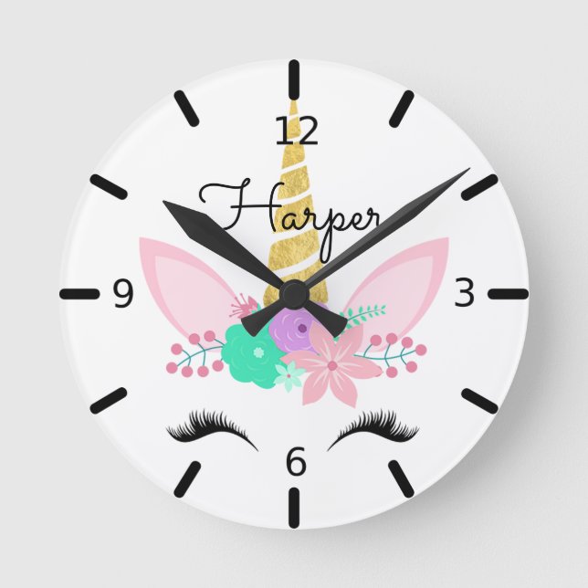 Personalised Floral Smiling Unicorn Round Clock (Front)