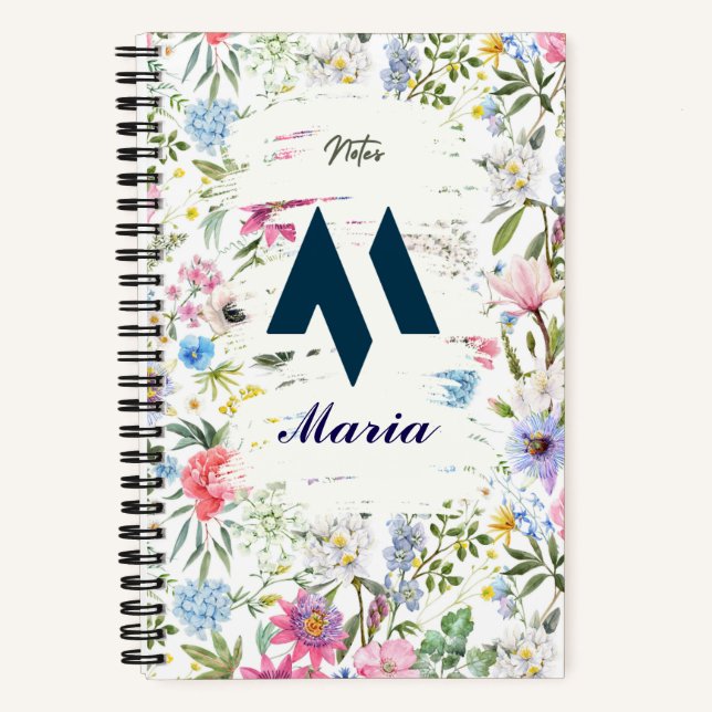 Personalised Floral Spiral Notebook with Initial M (Front)
