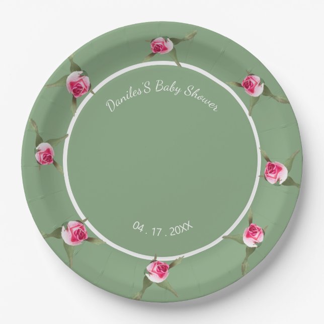 Personalised Floral Spray Green Paper Plate (Front)