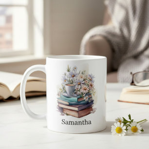 Personalised Floral Stacked Books Coffee Mug