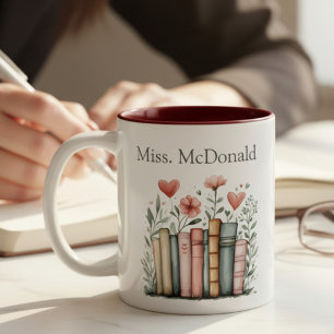 Personalised Floral Stacked Books Teacher Two-Tone Coffee Mug