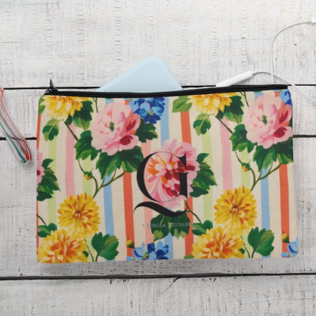 Personalised Floral Stripe Monogram Accessory Pouch (Creator Uploaded)