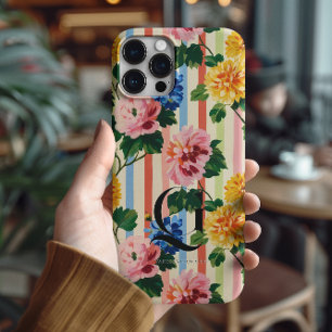 Personalised Floral Stripe Monogram iPhone 16 Pro Max Case