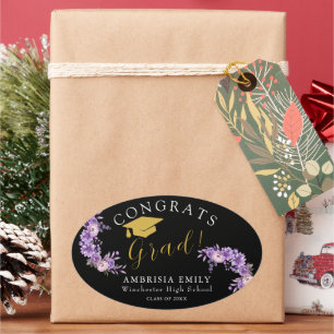 Personalised Floral Stylish Graduation Congrats Oval Sticker