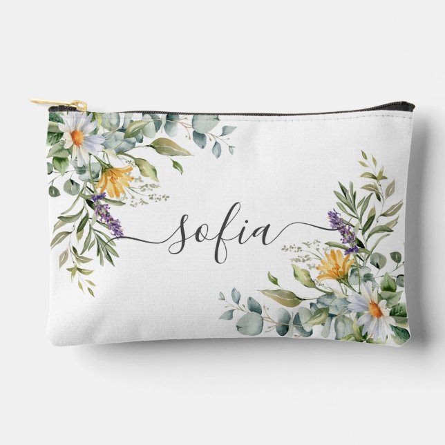 Personalised floral toiletry bag - name & daisies (Front)