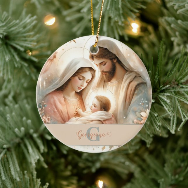 Personalised Floral Watercolor Baby Jesus Nativity Ceramic Ornament (Tree)