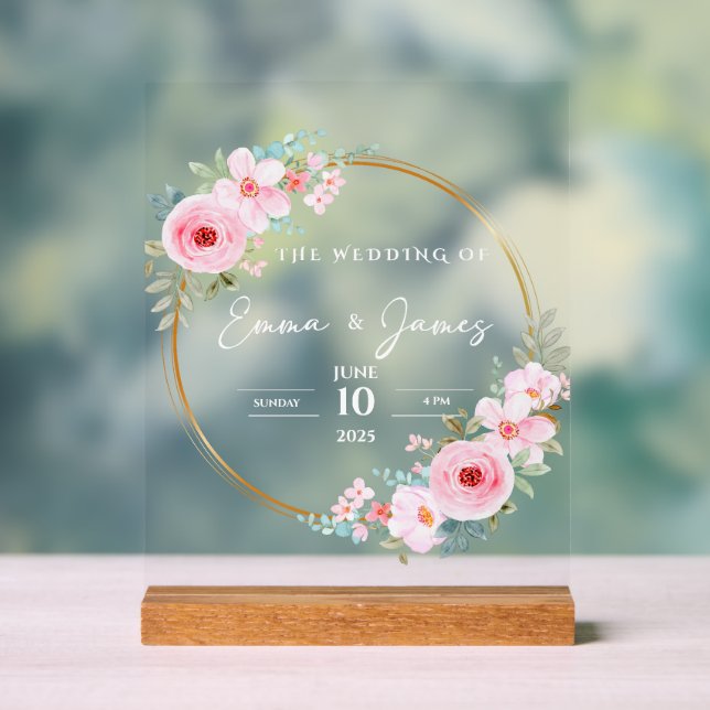 Personalised Floral Wedding Acrylic Sign (Neutral)
