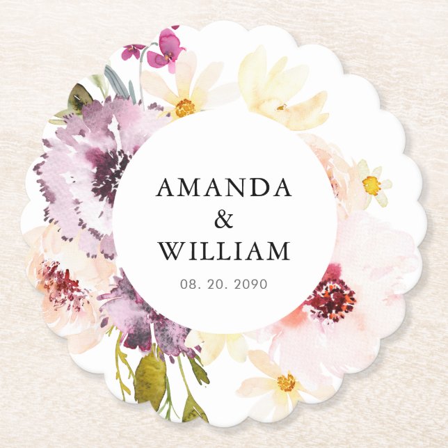 Personalised Floral Wedding Paper Coaster Favour (Front)