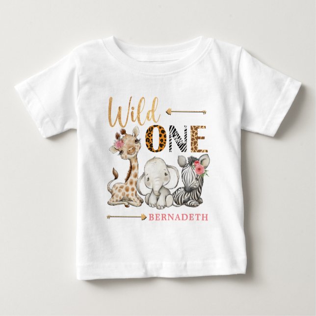 Personalised Floral WILD ONE Safari First Birthday Baby T-Shirt (Front)