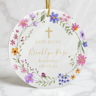 Personalised Floral Wildflower Baptism Photo Ceramic Ornament